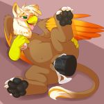  1:1 abdominal_bulge avian beak blush camychan claws crossgender digital_media_(artwork) feathers female feral friendship_is_magic fur green_eyes gryphon half-closed_eyes hi_res holding_leg looking_pleasured my_little_pony open_mouth pawpads paws penetration pussy simple_background smile tongue tongue_out vaginal vaginal_penetration vial wings 