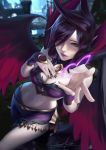  1girl absurdres angel_wings breasts cleavage gothic hand_on_own_chest heart highres league_of_legends lipstick long_hair makeup midriff morgana navel pointy_ears purple_eyes purple_hair purple_lipstick sai_foubalana signature solo vambraces white_skin wings 