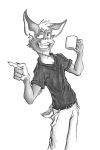  2019 anthro beverage chiropteran claws clothed clothing coffee cup ear_piercing facial_hair fangs front_view fur greyscale grin hair hi_res krolik male mammal monochrome piercing portrait pose smile solo solo_focus standing teeth traditional_media_(artwork) 