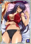  1girl antenna_hair bangs bed_sheet black_panties black_ribbon breasts card_(medium) cleavage cowboy_shot frilled_pillow frills from_above grey_eyes hair_over_one_eye hand_on_own_stomach highres ikkitousen kan&#039;u_unchou large_breasts long_hair looking_at_viewer lying midriff navel on_back on_bed open_mouth panties pillow pink_pillow purple_hair ribbon shiny shiny_hair shiny_skin side-tie_panties sleeveless smile solo stomach swept_bangs torn_clothes underwear very_long_hair 