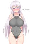  1girl aki_(akiiiiiiiii1875) arms_behind_back ass_visible_through_thighs azur_lane bare_shoulders breasts commentary_request competition_swimsuit covered_navel cowboy_shot enterprise_(azur_lane) highres large_breasts long_hair one-piece_swimsuit purple_eyes silver_hair solo swimsuit thighs white_background 