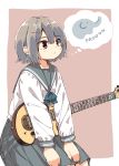  1girl commentary elephant guitar hair_ornament hairclip highres instrument matsuda_hikari original plectrum school_uniform serafuku short_hair simple_background sitting solo thought_bubble 