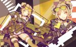  1girl :d black_gloves blonde_hair breasts brown_legwear bullpup choker double_bun eyewear_on_head gas_mask girls_frontline gloves gun highres holding holding_gun holding_weapon jacket looking_at_viewer mask mask_removed open_mouth p90 p90_(girls_frontline) saimon_ma smile solo submachine_gun sunglasses teeth thigh_strap thighhighs touhou weapon yellow_eyes 