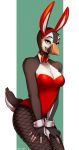  alcid anthro avian beak bird bow_tie breasts bunny_costume chest_tuft clothed clothing costume eyelashes fake_ears fake_rabbit_ears feathers female fishnet fishnet_leggings half-closed_eyes hi_res lari leotard non-mammal_breasts pearl_(boolean) puffin salkitten seductive shirt_collar smile solo tail_feathers tuft wide_hips wrist_cuff 