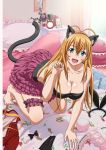  1girl :d all_fours animal_ears aqua_eyes barefoot bedroom black_hairband blonde_hair breasts cat_ears cat_tail clock collarbone earrings eyebrows_visible_through_hair fake_animal_ears fang frilled_pillow frills garter_straps hair_between_eyes hairband ikkitousen indoors jewelry large_breasts layered_skirt long_hair looking_at_viewer miniskirt open_mouth paw_pose pillow pink_pillow purple_skirt shiny shiny_hair shiny_skin skirt smile solo sonsaku_hakufu straight_hair strapless tail very_long_hair 