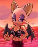  beach breasts chiropteran cleavage clothed clothing english_text female hi_res jamoart mammal midriff navel rouge_the_bat seaside signature solo sonic_(series) sunset text wings 