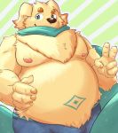  2019 anthro belly blue_eyes canid canine canis cu_sith_(tas) domestic_dog humanoid_hands male mammal moobs nipples numpia overweight overweight_male scar solo tokyo_afterschool_summoners video_games 