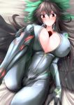  1girl bangs bed_sheet between_breasts black_hair black_wings blush bodysuit bow breasts commentary_request covered_nipples eyebrows_visible_through_hair feathered_wings feet_out_of_frame g_(desukingu) green_bow grey_bodysuit hair_between_eyes hair_bow highres knee_up large_breasts long_hair looking_at_viewer lying on_back radiation_symbol red_eyes reiuji_utsuho shiny shiny_clothes solo sweat thighs touhou unzipped wings 