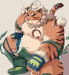  2019 anthro belly blue_eyes blush bottomwear bulge clothing felid hi_res hombretigre humanoid_hands male mammal moobs navel nipples one_eye_closed overweight overweight_male pantherine pomupomu490 shorts simple_background sitting solo sweat tiger tokyo_afterschool_summoners video_games wink wrestling 