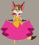  absurd_res barefoot bottomwear breasts canid canine cleavage clothed clothing curtsy dipstick_tail dress female fox hair headband hermeline_(renart_the_fox) hi_res mammal multicolored_tail nivarra renart_le_renard skirt 