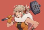  1girl ahoge animal_ears blonde_hair chinese_zodiac commentary dark_skin earrings facial_mark fang fur_trim gloves grin holding holding_hammer jewelry original over_shoulder ponytail scar simple_background sledgehammer sleeveless smile solo tanuki_koubou weapon weapon_over_shoulder year_of_the_pig yellow_eyes 