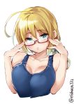  1girl ahoge bare_shoulders blonde_hair blue_eyes blue_swimsuit breast_press breasts cleavage ebifurya eyebrows_visible_through_hair highres i-8_(kantai_collection) kantai_collection large_breasts lips long_hair looking_at_viewer low_twintails one-piece_swimsuit parted_lips school_swimsuit semi-rimless_eyewear solo swimsuit twintails twitter_username under-rim_eyewear white_background 