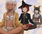  3girls :3 bangs black_jacket blue_background blunt_bangs blush_stickers breasts brown_background brown_hair brown_legwear brown_vest buttons chabashira_tenko choker clenched_teeth closed_eyes collarbone collared_shirt danganronpa_(series) danganronpa_v3:_killing_harmony dark-skinned_female dark_skin double-breasted eyebrows_visible_through_hair grey_shirt hair_ornament highres jacket kneehighs long_hair medium_breasts midriff multicolored_background multiple_girls navel open_clothes open_jacket orange_jacket pantyhose pink_choker pleated_skirt red_hair red_skirt renshu_usodayo shell_necklace shirt short_hair skirt small_breasts smile star_(symbol) star_hair_ornament teeth twintails upper_teeth vest yoga yonaga_angie yumeno_himiko 