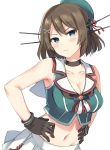  1girl beret black_gloves blue_eyes breasts brown_hair cowboy_shot gloves green_headwear hair_ornament hairclip hands_on_hips hat headgear highres kantai_collection large_breasts looking_at_viewer maya_(kantai_collection) midriff pleated_skirt remodel_(kantai_collection) school_uniform senbei_(senbe_i) serafuku short_hair simple_background skirt sleeveless solo white_background x_hair_ornament 