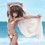  1girl bikini blush breasts brown_eyes brown_hair esan_(llamaesan) highres looking_at_viewer one_eye_closed original outdoors small_breasts smile solo swimsuit tan water 