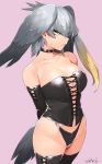  1girl arm_cuffs arms_behind_back bangs bird_tail blue_background breasts choker cleavage closed_mouth collarbone commentary_request corset cowboy_shot dated eyebrows_visible_through_hair eyes_visible_through_hair frown gloves green_eyes grey_hair happa_(cloverppd) head_wings kemono_friends large_breasts navel sanpaku shoebill_(kemono_friends) signature simple_background single_sidelock solo tail thong tsurime underwear underwear_only 