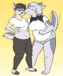  2019 anthro assimilation barefoot belly black_hair blush breasts canid canine canis clothed clothing cute_fangs duo face_lick female fur grey_fur grey_hair hair human human_to_anthro licking mammal one_eye_closed simple_background slightly_chubby species_transformation standing subakitsu sweat sweatdrop tailwag tongue tongue_out transformation were werecanid werecanine werewolf wolf 