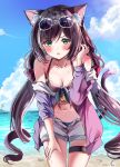  1girl :o animal_ear_fluff animal_ears bangs bare_shoulders beach bikini black_hair blush breasts cat_ears cat_tail eyebrows_visible_through_hair eyewear_on_head fangs green_eyes hand_on_thigh hand_up highres kyaru_(princess_connect) leaning_forward long_hair looking_at_viewer low_twintails multicolored_hair navel ocean open_mouth princess_connect!_re:dive sak_(lemondisk) sand short_shorts shorts solo streaked_hair sunglasses swimsuit tail thigh_strap tinted_eyewear twintails very_long_hair wet white_hair 