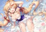  1girl absurdres ahoge arm_garter arm_support arm_up armpits azur_lane bangs bare_legs blonde_hair blush bow braid breasts cleavage cross cross-laced_clothes cross_choker cross_earrings day earrings eyebrows_visible_through_hair flower frills from_above garter_straps green_eyes hair_intakes highres horizontal_stripes huge_filesize jewelry large_breasts le_temeraire_(azur_lane) long_hair looking_at_viewer one_eye_closed open_mouth outdoors partially_submerged petals petals_on_liquid red_ribbon ribbon riichu scan sidelocks sitting skirt solo strapless striped thighs tubetop underbust very_long_hair wariza wet 