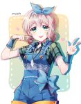  1girl :p alternate_hairstyle aoba_moca bang_dream! bangs blue_bow blue_overalls blue_ribbon bow character_name earrings feather_necklace frills green_eyes green_shirt grey_hair hair_ribbon heart heart_earrings jewelry looking_at_viewer minori_(faddy) overalls plaid plaid_shirt pointing pointing_at_self ribbon shirt short_hair short_sleeves solo tongue tongue_out twintails v-shaped_eyebrows w wrist_cuffs 