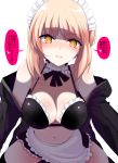  1girl artoria_pendragon_(all) artoria_pendragon_(swimsuit_rider_alter) bangs bare_shoulders bikini black_bikini black_jacket blonde_hair breasts commentary_request eyebrows_visible_through_hair fate/grand_order fate_(series) frills han_(jackpot) jacket large_breasts looking_at_viewer maid_bikini maid_headdress parted_lips simple_background solo speech_bubble swimsuit teeth translation_request white_background yellow_eyes 