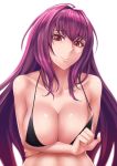  1girl arms_under_breasts bikini bikini_top black_bikini breasts cleavage collarbone commentary_request eyebrows_visible_through_hair fate/grand_order fate_(series) hair_intakes highres large_breasts long_hair looking_at_viewer moon_(xul4eji6bp4) purple_hair red_eyes scathach_(fate)_(all) scathach_(fate/grand_order) simple_background smile swimsuit swimsuit_pull upper_body white_background 