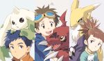  1girl brown_eyes brown_hair closed_mouth commentary_request digimon digimon_tamers guilmon highres li_jianliang looking_at_viewer makino_ruki matsuda_takato multiple_boys renamon short_hair simple_background takase_(takase1214) terriermon 