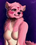  4:5 breasts crystalberry digital_media_(artwork) eyelashes facial_markings featureless_breasts female fluffy fur hi_res mammal markings pink_fur purple_background purple_nose signature simple_background slightly_chubby solo 