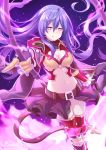  1girl artist_name belt binato_lulu blush braid breasts cleavage cosplay gloves granblue_fantasy holding_whip iris_heart large_breasts licking_lips long_hair looking_at_viewer navel neptune_(series) pink_eyes purple_hair red_legwear skirt smile solo symbol-shaped_pupils thighhighs tongue tongue_out very_long_hair zeta_(granblue_fantasy) zeta_(granblue_fantasy)_(cosplay) 