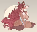  anthro breasts cervid clothing curvaceous exposed_breasts female hair legwear looking_at_viewer mammal nipples solo stockings teil thick_thighs wide_hips 