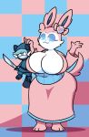  2019 anthro big_breasts blue_eyes blue_fur blue_sclera breasts butt canid clothed clothing dewott dewy-eyedboy duo eeveelution eyelashes female fur hi_res holding_character japanese_clothing kimono male mammal melee_weapon mustelid ninja nintendo pattern_background pok&eacute;mon pok&eacute;mon_(species) ribbons simple_background size_difference standing sword sylveon tears thick_thighs tusks_the_dewott video_games weapon white_fur wide_hips 