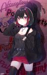  1girl absurdres adjusting_hair alley bang_dream! bangs bare_shoulders belt belt_buckle black_belt black_hair black_jacket black_legwear black_shirt blush bob_cut breasts brick_wall buckle chain chain_necklace eyebrows_visible_through_hair frown graffiti group_name highres holding_strap hood hooded_jacket instrument_case jacket jewelry lock logo looking_at_viewer medium_breasts miniskirt mitake_ran multicolored_hair off_shoulder outdoors pink_eyes red_skirt ring shirt skirt sleeveless sleeveless_shirt sleeves_past_wrists spaghetti_strap streaked_hair thighhighs urim_(paintur) zettai_ryouiki 