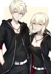  1boy 1girl arthur_pendragon_(fate) artoria_pendragon_(all) belt black_jacket black_legwear black_pants black_ribbon black_shirt blonde_hair breasts cleavage collarbone commentary cowboy_shot eyebrows_visible_through_hair fate/grand_order fate_(series) hair_between_eyes highres jacket jewelry looking_at_viewer medium_breasts necklace pants ponytail ribbon saber_alter shiguru shirt short_hair smile white_belt yellow_eyes 