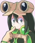  1girl :&gt; absurdres asui_tsuyu bodysuit boku_no_hero_academia brown_gloves commentary_request face finger_to_mouth gloves goggles goggles_on_head green_bodysuit green_eyes green_hair hair_between_eyes highres huge_filesize jipponwazaari long_hair looking_at_viewer simple_background solo white_background 