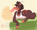  2018 anthro balls bed black_fur black_hair blush breasts butt clothed clothing duo english_text erection female fur hair higgyy humanoid_penis letti_(higgyy) male male/female mammal patreon penis scar surprise text thick_thighs ursid watermark wide_hips 