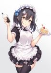  1girl :o absurdres apron black_hair black_legwear blue_bow bow breasts cake commentary_request dress eyebrows_visible_through_hair fate/grand_order fate/kaleid_liner_prisma_illya fate_(series) food fruit hair_between_eyes hair_bow hair_ornament hairclip highres holding holding_plate long_hair looking_at_viewer maid maid_apron maid_dress maid_headdress miyu_edelfelt one_side_up plate short_dress short_sleeves simple_background small_breasts solo strawberry thighhighs white_background y3010607 