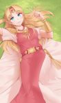  1girl awan0918 blonde_hair blue_eyes blush bracer dress earrings field gloves highres jewelry long_hair looking_at_viewer necklace pointy_ears princess_zelda smile solo super_smash_bros. the_legend_of_zelda the_legend_of_zelda:_a_link_between_worlds tiara 
