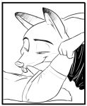  ambiguous_gender anthro assisted_exposure border canid canine clothed clothing disney duo erection fox half-closed_eyes ittybittykittytittys jack_savage male male/ambiguous mammal nick_wilde penis precum simple_background smile tongue tongue_out topless underwear white_background white_border zootopia 