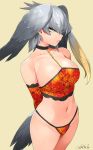  1girl arm_cuffs arms_behind_back bangs bird_tail blue_background bra breasts choker cleavage closed_mouth collarbone commentary_request cowboy_shot dated eyebrows_visible_through_hair eyes_visible_through_hair frown gloves green_eyes grey_hair happa_(cloverppd) head_wings kemono_friends large_breasts navel sanpaku shoebill_(kemono_friends) signature simple_background single_sidelock solo tail thong_panties tsurime underwear underwear_only 