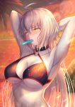  1girl absurdres ahoge armpits arms_behind_head arms_up backlighting bangs bikini black_bikini blurry blurry_background blush breasts cleavage cloud collarbone commentary_request depth_of_field evening eyebrows_visible_through_hair fate/grand_order fate_(series) food highres jeanne_d&#039;arc_(alter_swimsuit_berserker) jeanne_d&#039;arc_(fate)_(all) large_breasts lens_flare long_hair looking_away looking_to_the_side mouth_hold o-ring o-ring_bikini orange_eyes pale_skin penguintake popsicle silver_hair solo sparkle swimsuit underboob upper_body very_long_hair water_drop 