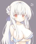  1girl :t arm_under_breasts azur_lane bangs bare_arms bare_shoulders blue_bra blue_ribbon blush bra braid breast_hold breasts cleavage closed_mouth collarbone commentary_request covered_nipples cygnet_(azur_lane) eyebrows_behind_hair grey_background hair_between_eyes hair_bun hair_censor hair_over_one_breast hair_ribbon large_breasts long_hair looking_at_viewer red_eyes ribbon sakurato_ototo_shizuku side_bun simple_background solo tears underwear upper_body very_long_hair white_hair 