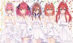  5girls :o :p ;q absurdres bangs bare_shoulders blue_eyes blunt_bangs blush bow breasts bridal_veil brown_hair butterfly_hair_ornament choker cleavage closed_mouth collarbone commentary_request cowboy_shot crown dress elbow_gloves eyebrows_visible_through_hair finger_to_mouth flower garter_straps gloves go-toubun_no_hanayome hair_between_eyes hair_ornament hair_ribbon hand_on_hip hand_on_own_chin hands_up headphones headphones_around_neck highres index_finger_raised izumo_neru jewelry layered_dress long_hair long_sleeves looking_at_viewer multiple_girls nail_polish nakano_ichika nakano_itsuki nakano_miku nakano_nino nakano_yotsuba necklace off-shoulder_dress off_shoulder one_eye_closed open_mouth orange_hair pantyhose petals purple_hair purple_nails red_hair ribbon rose see-through shushing siblings sidelocks sisters spread_fingers star star_hair_ornament strapless strapless_dress thighhighs tiara tongue tongue_out two_side_up v veil watermark wedding_dress white_background white_bow white_choker white_dress white_flower white_gloves white_legwear white_ribbon white_rose zettai_ryouiki 