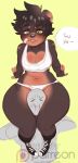  anthro areola asphyxiation bandage black_fur black_hair breasts brown_fur butt clothing dialogue duo female female_focus fur hair hi_res higgyy letti_(higgyy) mammal panties scar smile solo_focus thick_thighs underwear ursid wide_hips 