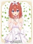  1girl bare_shoulders blue_eyes blush breasts brown_hair character_name cleavage collarbone dress elbow_gloves gloves go-toubun_no_hanayome hair_ribbon highres izumo_neru jewelry large_breasts long_hair nakano_yotsuba necklace off-shoulder_dress off_shoulder open_mouth ribbon solo watermark wedding_dress white_dress white_gloves white_ribbon 