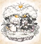 1boy 1girl :d :o animal bandages bandages_over_eyes barefoot black_cape black_hair blind_prince cape chibi closed_eyes commentary_request crown dress flower highres holding_hands liar_princess long_hair mini_crown naga_u open_mouth outstretched_arm parted_lips pink_flower pointing puffy_short_sleeves puffy_sleeves robe sharp_teeth short_eyebrows short_sleeves smile sun_(symbol) teeth thick_eyebrows tree usotsuki_hime_to_moumoku_ouji very_long_hair white_dress white_hair white_robe wide_sleeves yellow_flower 