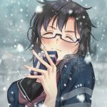  1girl black_hair blush closed_eyes day facing_viewer genderswap genderswap_(mtf) gift grey_sky imayoshi_shouichi karin(q1) kuroko_no_basuke medium_hair outdoors picrew school_uniform snowing solo upper_body 