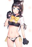  1girl animal_ear_fluff animal_ears bangs black_bra black_gloves black_hair black_panties black_sailor_collar blue_eyes blush bow bow_panties bra breasts cat_ears cleavage cowboy_shot eyebrows_visible_through_hair gloves hand_up kubong long_hair looking_at_viewer navel open_mouth original panties paw_gloves paws puffy_short_sleeves puffy_sleeves sailor_collar short_sleeves simple_background small_breasts solo underwear very_long_hair white_background yellow_bow 