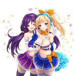  2girls ayase_eli blonde_hair blue_eyes blush breast_grab breasts cheerleader cleavage closed_mouth crop_top elbow_gloves gloves grabbing grabbing_from_behind green_eyes hair_ornament large_breasts long_hair love_live! love_live!_school_idol_festival love_live!_school_idol_project low_twintails midriff multiple_girls navel one_eye_closed open_mouth pom_poms ponytail purple_hair skirt smile takaramonozu thighhighs toriseru_(thesuperhero) toujou_nozomi twintails v zettai_ryouiki 
