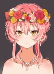  1girl bangs bare_shoulders brown_eyes closed_mouth collarbone commentary_request earrings eyebrows_visible_through_hair flower flower_wreath goyain grey_background hair_between_eyes head_wreath highres idolmaster idolmaster_cinderella_girls idolmaster_cinderella_girls_starlight_stage jewelry jougasaki_mika long_hair looking_at_viewer pink_hair red_flower red_rose rose sidelocks signature simple_background solo upper_body white_flower yellow_flower yellow_rose 