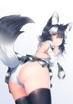  1girl absurdres animal_ear_fluff animal_ears ass bangs bare_arms bare_shoulders black_hair black_legwear blue_eyes chromatic_aberration closed_mouth collared_shirt cowboy_shot eyebrows_visible_through_hair from_behind grey_wolf_(kemono_friends) hair_between_eyes hand_up heterochromia highres kemono_friends leaning_forward long_hair looking_at_viewer looking_back microskirt multicolored_hair necktie no_jacket panties plaid plaid_neckwear plaid_skirt seductive_smile shiny shiny_hair shiny_skin shirt skindentation skirt sleeveless sleeveless_shirt smile solo st.takuma tail thighhighs two-tone_hair underwear vaginal white_hair white_panties white_shirt wolf_ears wolf_girl wolf_tail wrist_cuffs yellow_eyes 